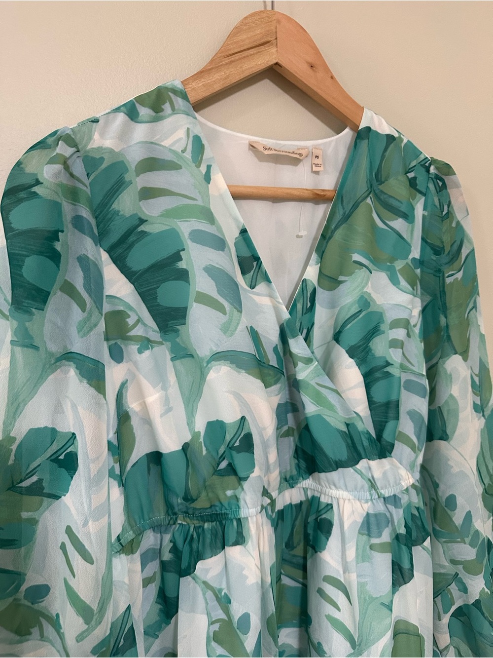 Soft Surroundings Teal and Green Leaf-Print Wrap Dress - Picture 4 of 9